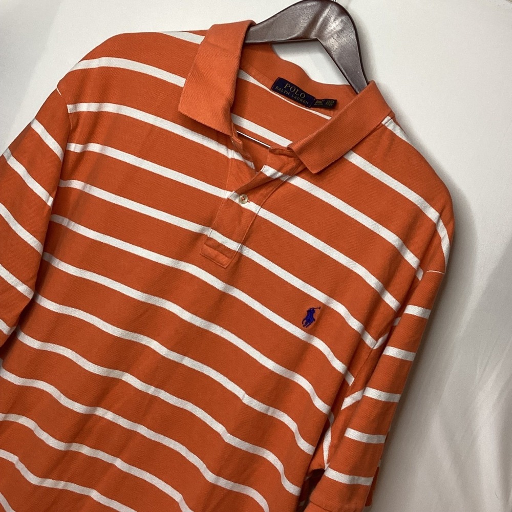 Polo‎ Ralph Lauren Mens Polo Shirt Orange White Striped Short Sleeve Casual Top - Picture 2 of 15